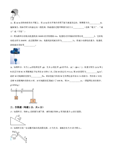 2022-2023-1湖南师大附中高新实验中学初三入学考试物理试卷（含答案）
