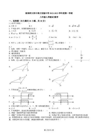 2022-2023-1湖南师大附中博才实验中学初二入学考试数学试卷（含答案）