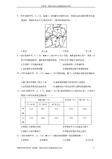 海南省2020年初中生学业水平考试地理