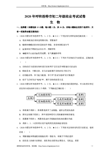 2020年呼和浩特市初二年级结业考试试卷生物