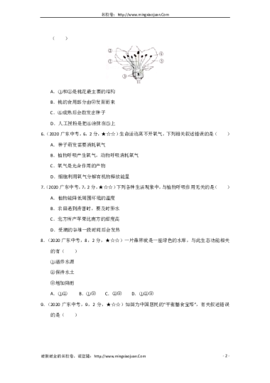 2020年广东省初中学业水平考试生物学