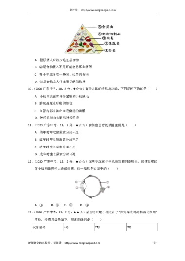 2020年广东省初中学业水平考试生物学