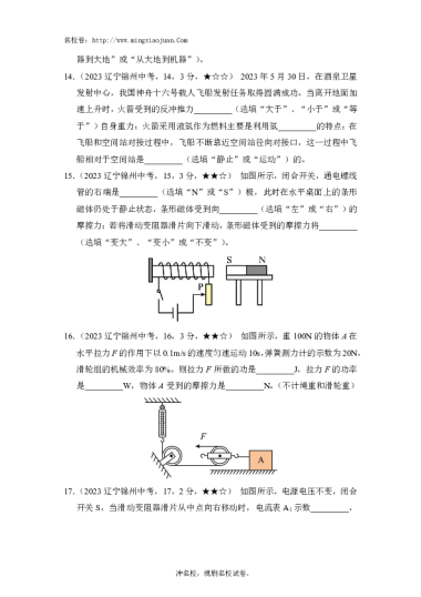 2023年锦州市初中学业水平考试物理试卷-原题