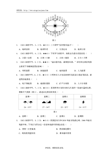 海南省2021年初中学业水平考试地理