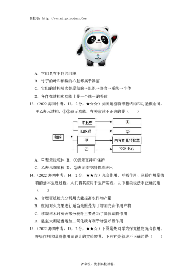 海南省2022年初中学业水平考试生物学-原题