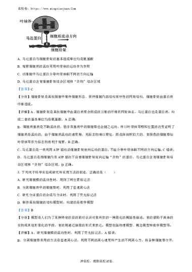 雅礼集团2023-2024学年第一学期12月联考高一年级生物试卷参考答案